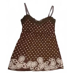 Vintage Aeropostale Brown Polka Dot and Paisley Print Strap Mini Dress S